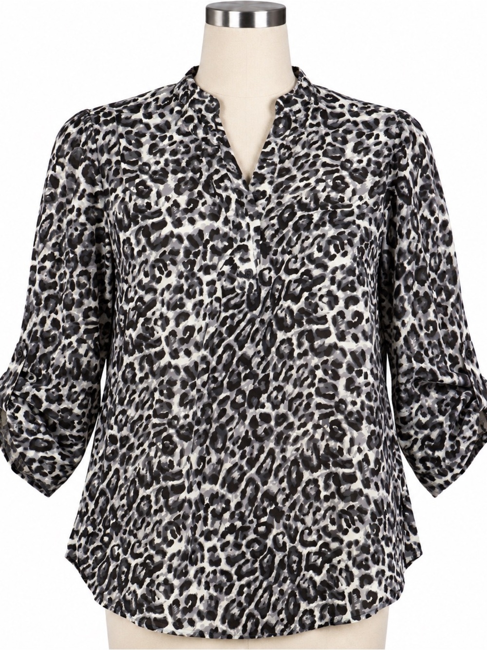 Black & White Leopard Print Split-Neck Blouse